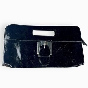 CATO Black Clutch Handbag Patent‎ Faux Patent Leather Large Silver Buckle